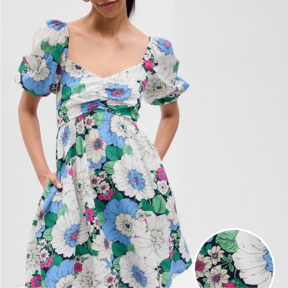 Gap Floral Puff-Sleeve Empire Waist Dress in White, Blue, Green and Pink
